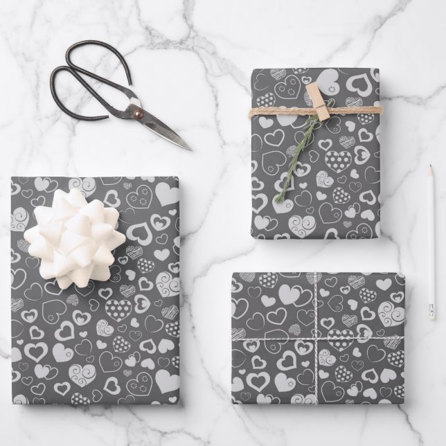 Feuille De Papier Cadeau Luxe Moderne Élégant Amour Argent Coeur (Recto)
