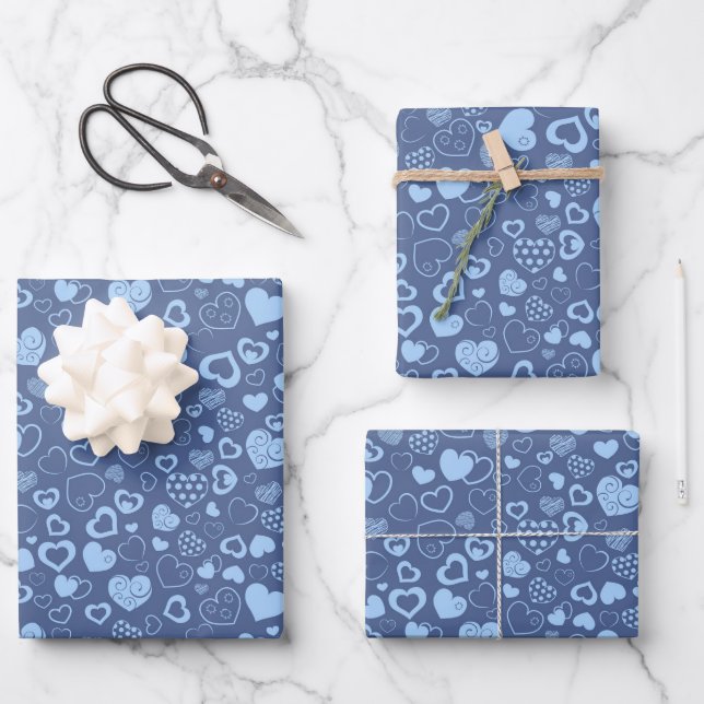Feuille De Papier Cadeau Luxe Moderne Élégant Amour Bleu Coeur (Recto)