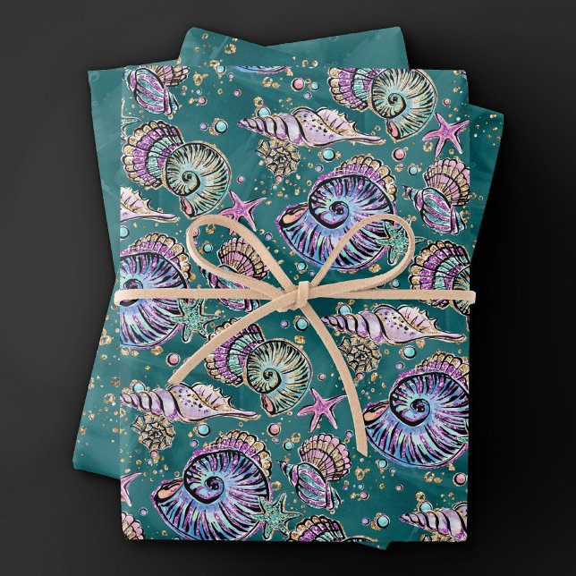 Feuille De Papier Cadeau Luxe Turquoise sous-marin | Coquillages d'or Green (Créateur téléchargé)
