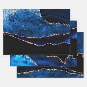 Feuille De Papier Cadeau Luxueux Anniversaire Agate Pailleté Bleu et Or