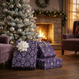Feuille De Papier Cadeau Luxueux Motif de Noël violet et argent