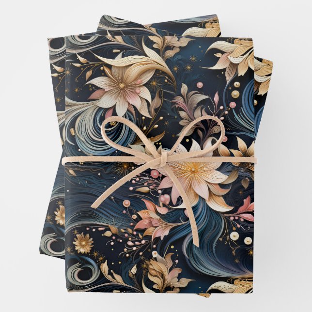Feuille De Papier Cadeau Luxurious Dark Blue Botanical Garden (En situation)