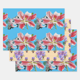 Feuille De Papier Cadeau Lys floraux rose rouge Aquarelle bleu