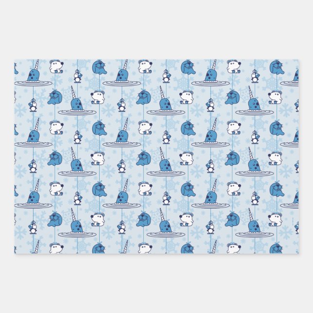 Feuille De Papier Cadeau M. Narwhal Blue Snowflake Motif (Devant)