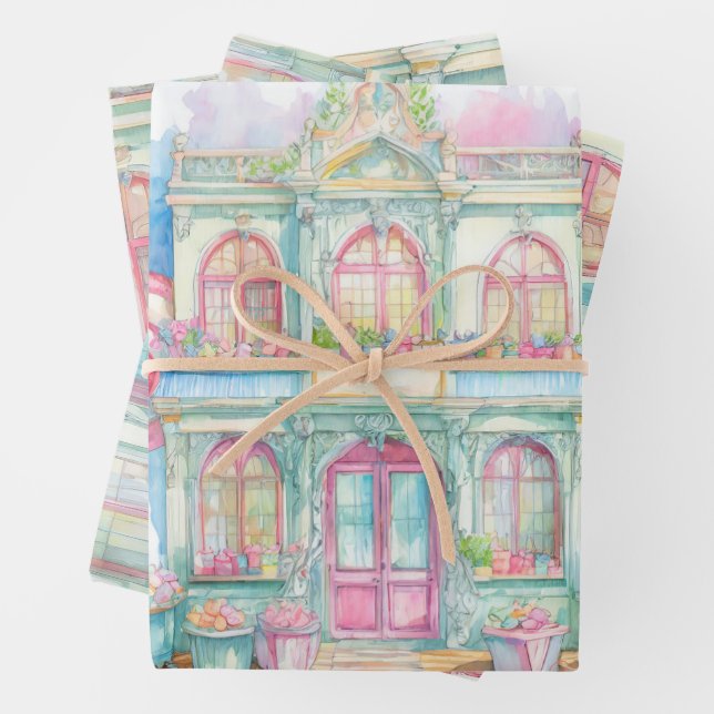 Feuille De Papier Cadeau Magasin de bonbons à Paris aquarelle (En situation)