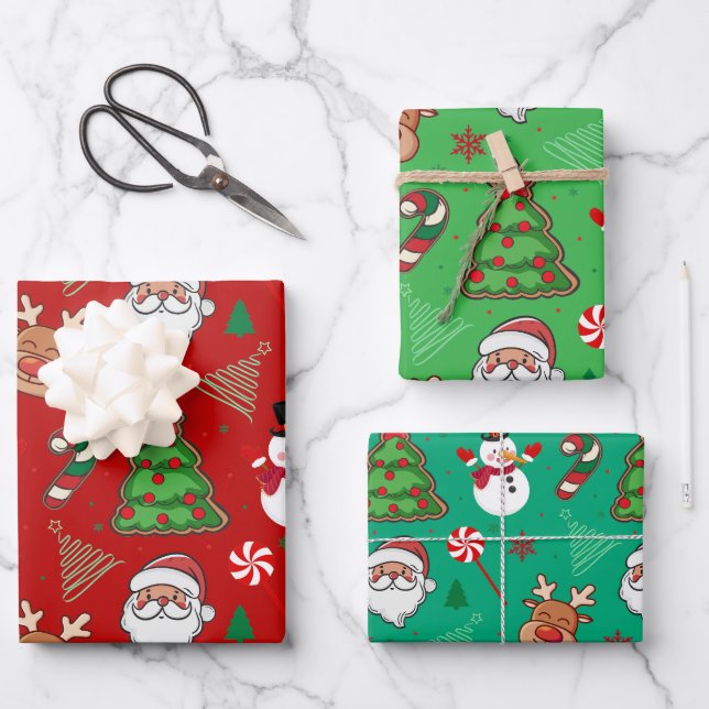 Feuille De Papier Cadeau Magical Christmas – Santa, Reindeer & Snowflakes (Recto)