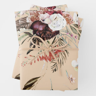 Feuille De Papier Cadeau Magnifique cadeau de motif floral beige moderne