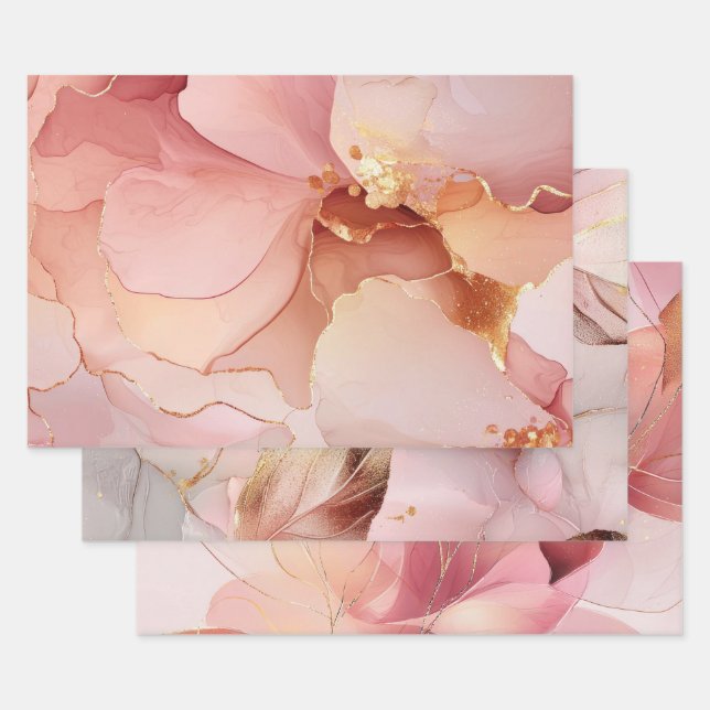 Feuille De Papier Cadeau Magnifique Fard Doré Rose Floral Mariage (Lot)