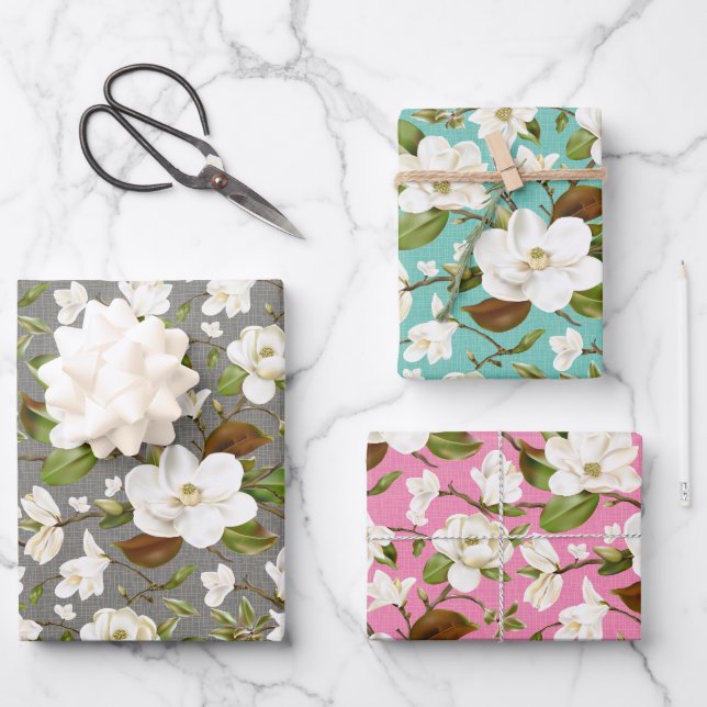 Feuille De Papier Cadeau Magnolia Floral Mariage (Recto)