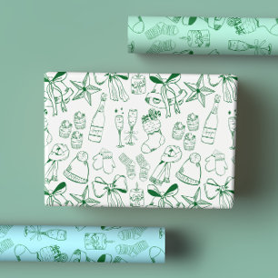 Feuille De Papier Cadeau Main moderne dessinée Bleu Vert Noël Célébration