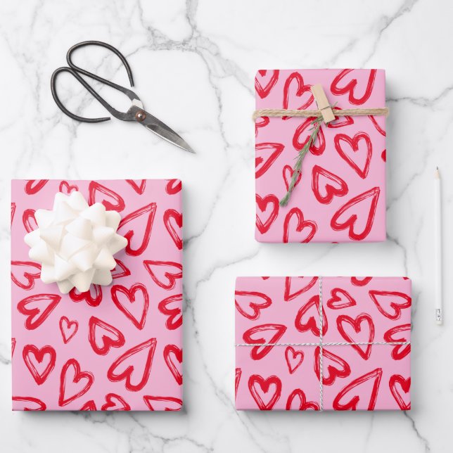 Feuille De Papier Cadeau Main tiré Red Hearts Saint Valentin (Recto)