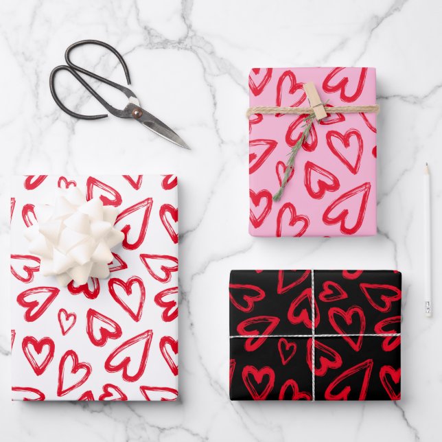 Feuille De Papier Cadeau Main tiré Red Hearts Saint Valentin (Recto)