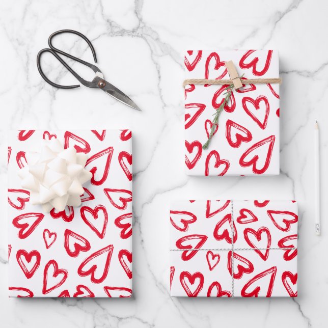 Feuille De Papier Cadeau Main tiré Red Hearts Saint Valentin (Recto)