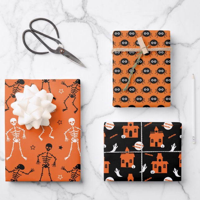 FEUILLE DE PAPIER CADEAU MAISON CHASSE, SKELETON DANSÉE ET ESPIDONS (Recto)