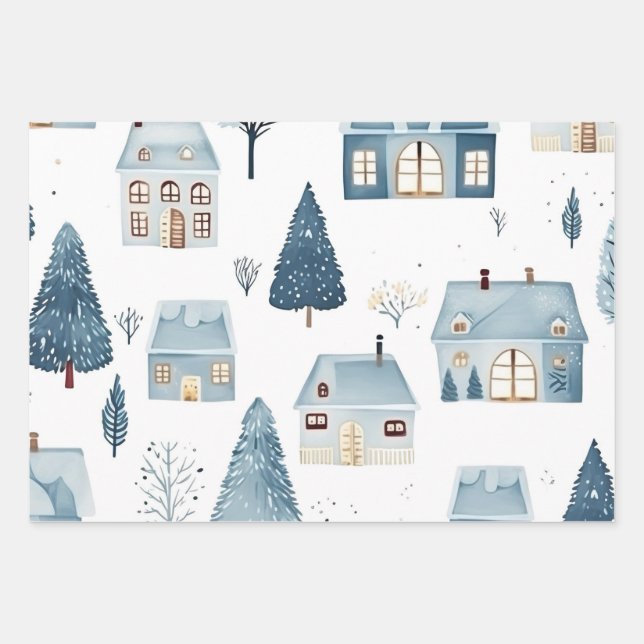 Feuille De Papier Cadeau Maison de Noël bleue et arbres (Devant)