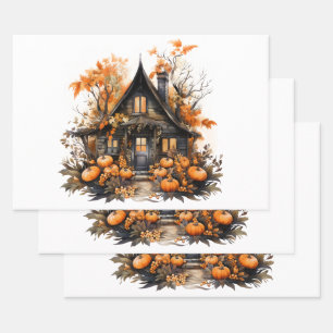Feuille De Papier Cadeau Maison hantée avec Halloween Citrouille