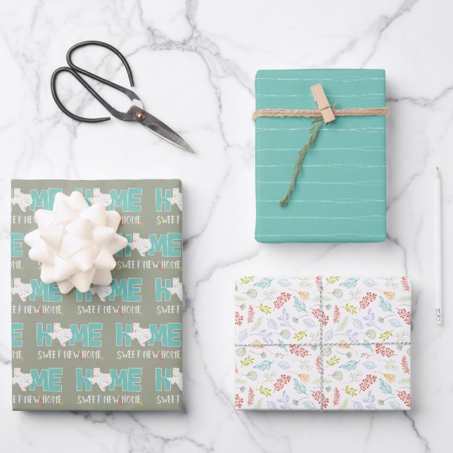 Feuille De Papier Cadeau Maison Turquoise, nouvelle maison douce - Texas (Recto)