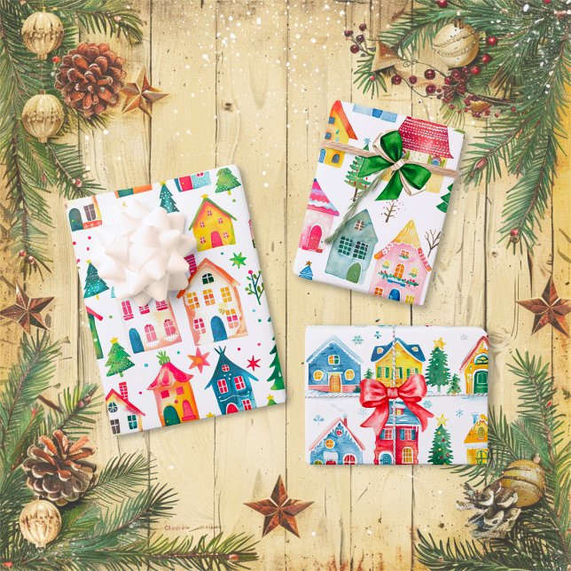 Feuille De Papier Cadeau Maisons de Noël (Cute Christmas Houses Wrapping Paper Sheets)