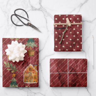 Feuille De Papier Cadeau Maisons de Noël Red Green Gold