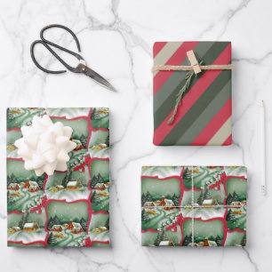 Feuille De Papier Cadeau Maisons de Noël Retro Snowy