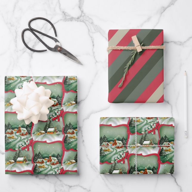 Feuille De Papier Cadeau Maisons de Noël Retro Snowy (Recto)