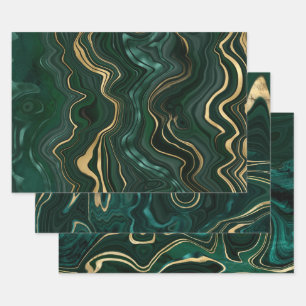 Feuille De Papier Cadeau Malachite vert foncé et strate d'huile d'or
