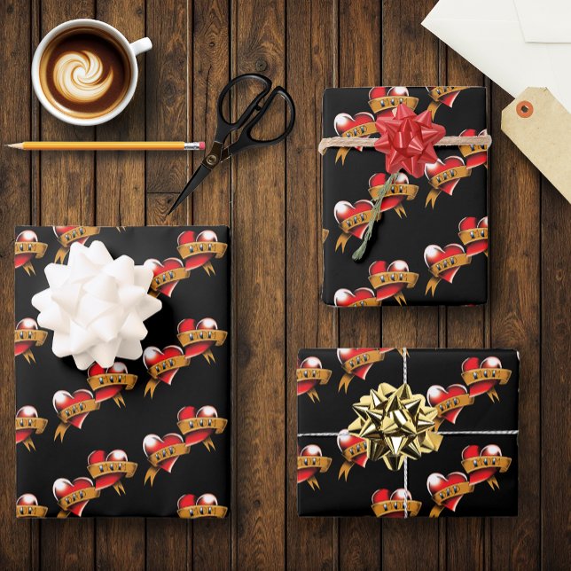 Feuille De Papier Cadeau Maman Papa Red Hearts Tattoo (Créateur téléchargé)