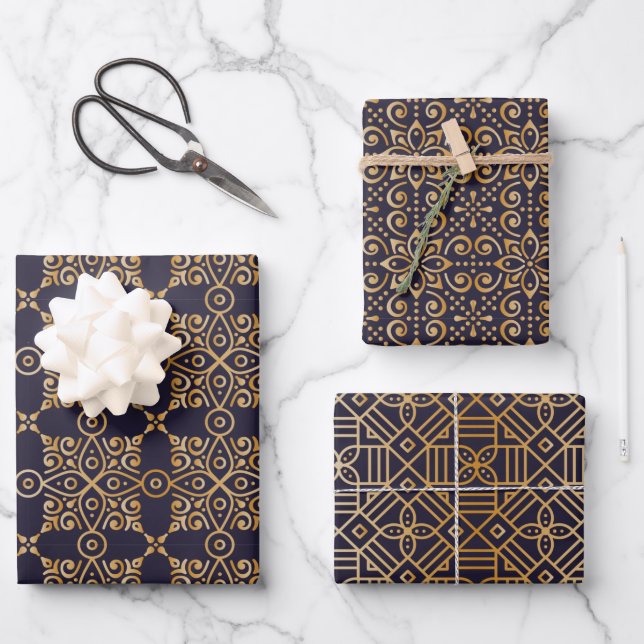 Feuille De Papier Cadeau Mandala Navy et Carré d'or (Recto)
