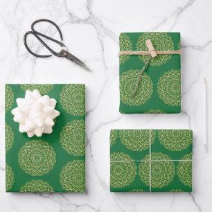 Feuille De Papier Cadeau Mandala vert et or