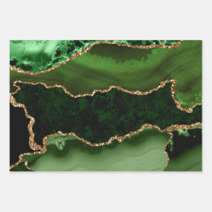 Feuille De Papier Cadeau Marbre Agate Pailleté Vert et Or Faux