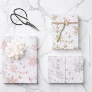 Feuille De Papier Cadeau Marbre blanc de flocons d'argent rose jaune or