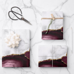 Feuille De Papier Cadeau Marbre blanc doré Bourgogne rouge Agate