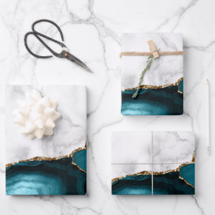 Feuille De Papier Cadeau Marbre blanc doré Turquoise Bleu Agate