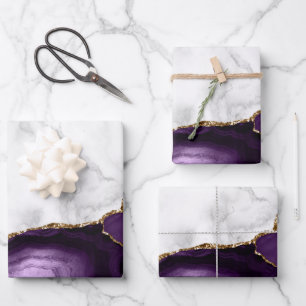 Feuille De Papier Cadeau Marbre blanc doré violet Agate