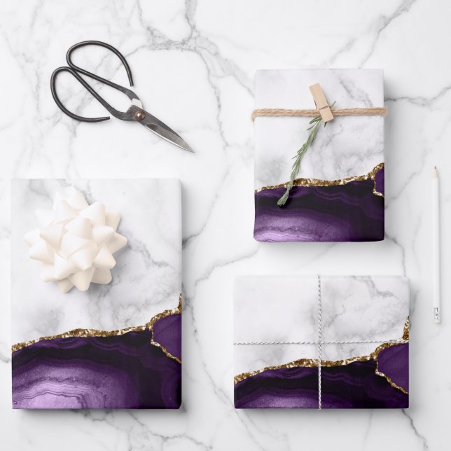 Feuille De Papier Cadeau Marbre blanc doré violet Agate (Recto)