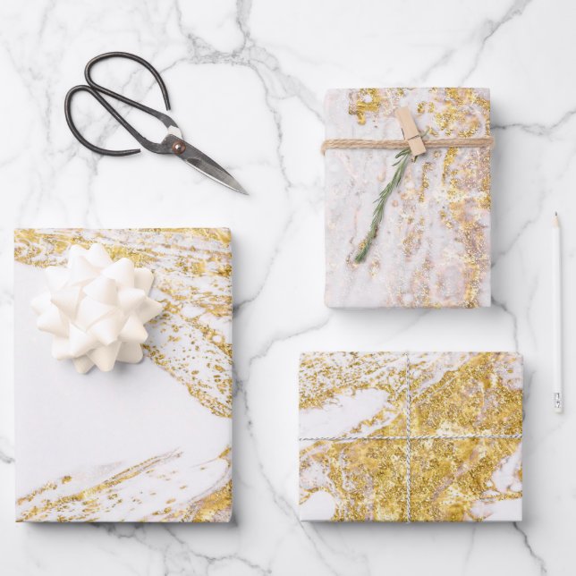 Feuille De Papier Cadeau Marbre blanc et or (Recto)