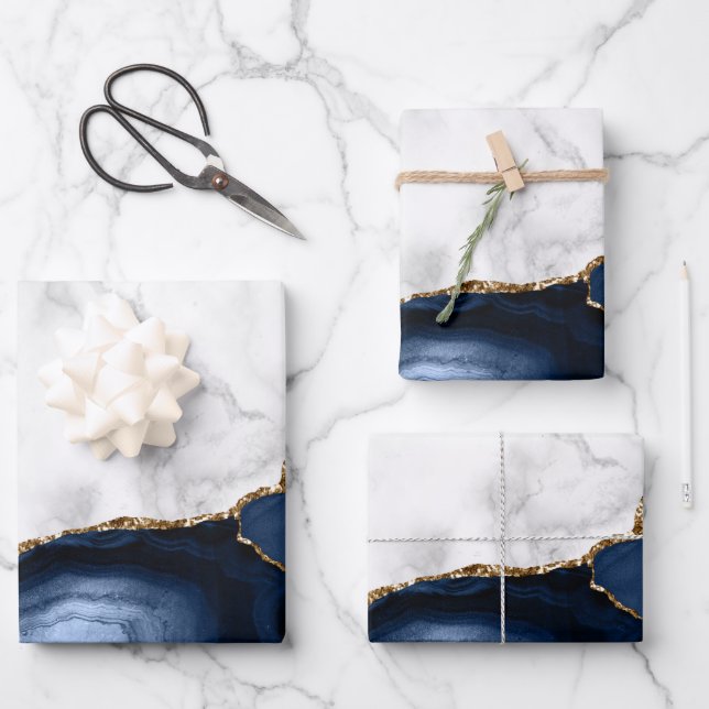 Feuille De Papier Cadeau Marbre blanc Gilded Marine Blue Agate (Recto)