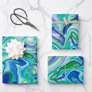 Feuille De Papier Cadeau Marbre bleu et vert Fluid Art Abstrait  