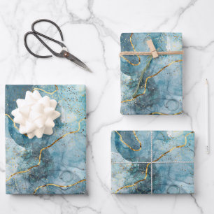 Feuille De Papier Cadeau Marbre classique Faux Bleu/Or