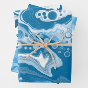 Feuille De Papier Cadeau Marbre d'art fluo bleu et blanc