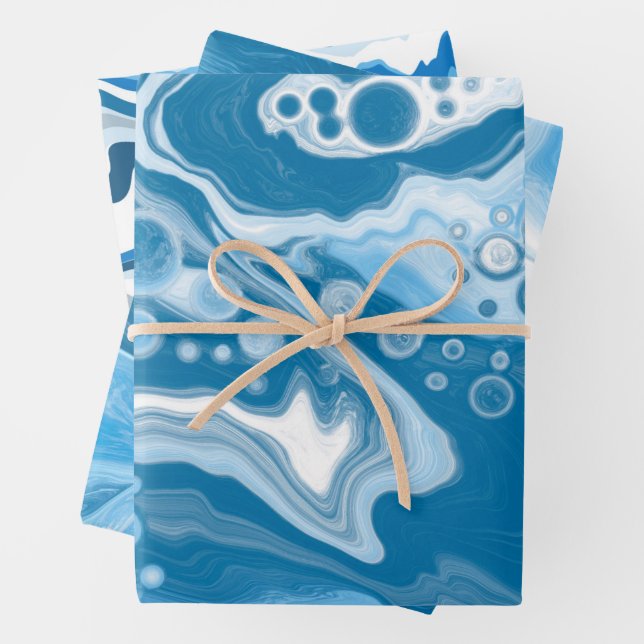 Feuille De Papier Cadeau Marbre d'art fluo bleu et blanc (En situation)