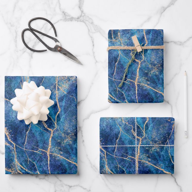 Feuille De Papier Cadeau Marbre d'or bleu jolie (Recto)