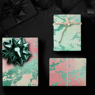 Feuille De Papier Cadeau Marbre frais   Corail pastel ravissant et ombre ve