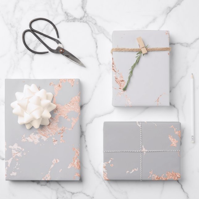 Feuille De Papier Cadeau Marbre Gris et Or Rose (Recto)