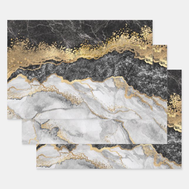 Feuille De Papier Cadeau Marbre noir avec or assez (Lot)