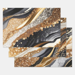 Feuille De Papier Cadeau Marbre Noir Élégant Doré Paillettes Art Abstrait