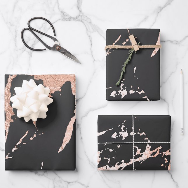 Feuille De Papier Cadeau Marbre noir et Rose or (Recto)