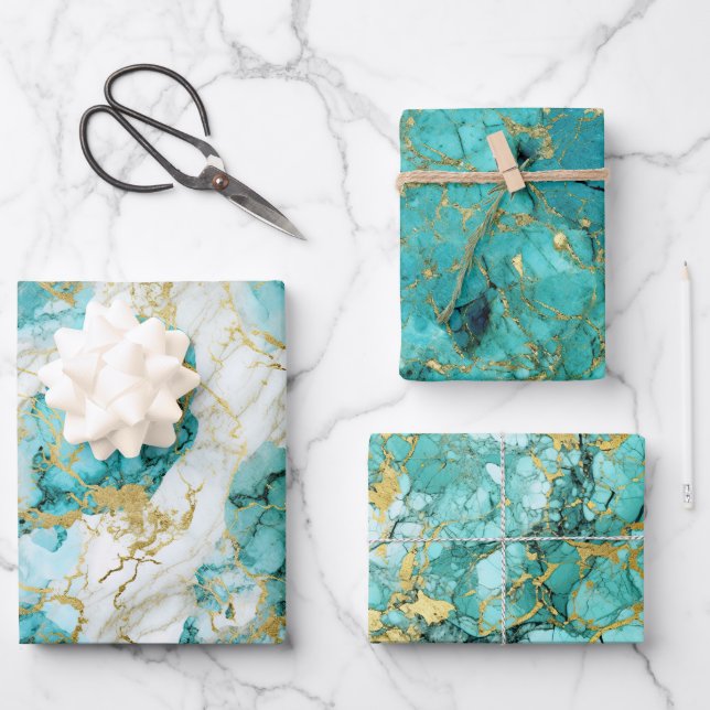 Feuille De Papier Cadeau Marbre Turquoise Vert Et Golden (Recto)