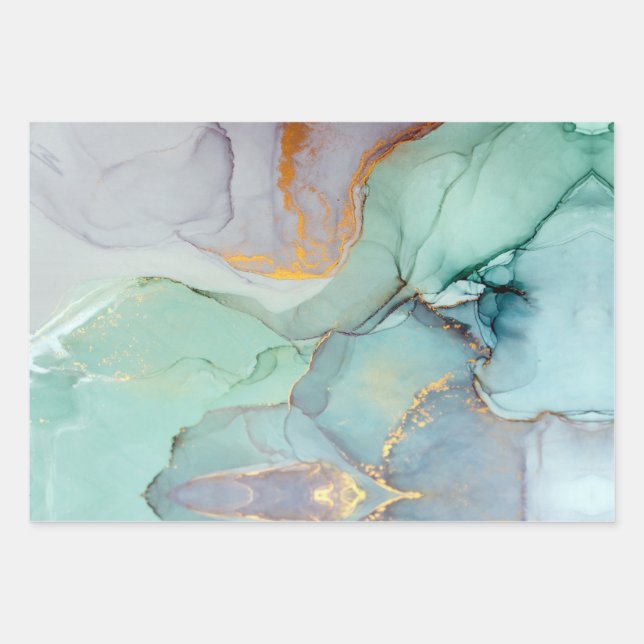 Feuille De Papier Cadeau Marbre vert bleu or assez (Devant 3)
