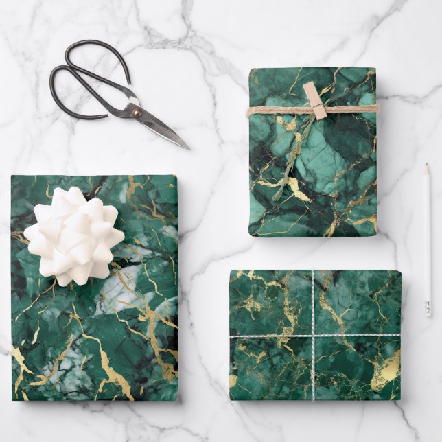 Feuille De Papier Cadeau Marbre vert émeraude avec or (Recto)